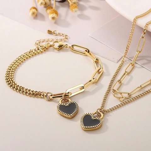 Stainless Steel Jewelry Necklace And Bracelet Double Layer Mixed Paperclip Chain Enamel Heart Lock Pendant For Women