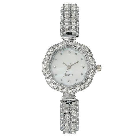 Montre Femme Quartz Cadran Fleurie Incrustée De Strass Bracelet Métallique Luxe Mode Élégante Fermoir Bijou