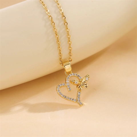 Collana Con Ciondolo A Cuore E Farfalla Placcata Oro 18K Zircone Rame Acciaio Inossidabile Gioielli Da Donna