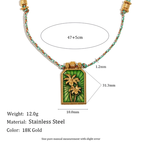 Palm Tree Tarot Card Necklace 18K Gold Plated Stainless Steel Enamel Relief Pendant With Colorful Woven Rope Women