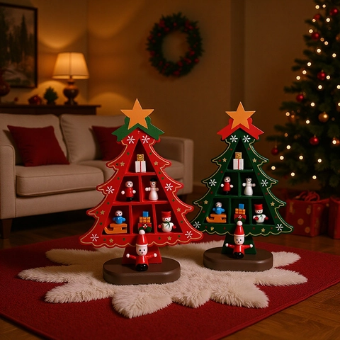 Christmas Tree Wooden Ornament Hand Painted Miniature Figures Desktop Holiday Decoration Wood Craft Traditional Style