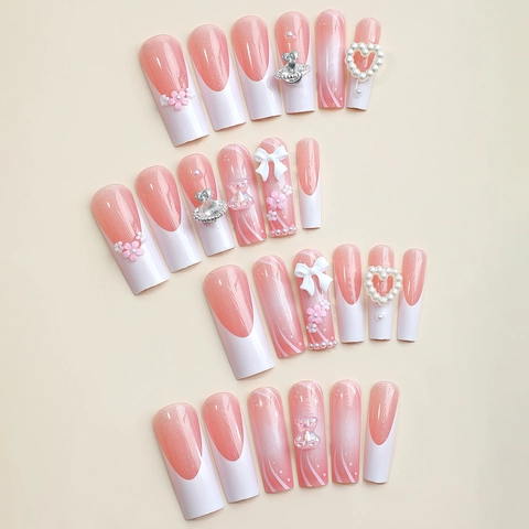 Uñas Postizas Largas Ataúd Degradado Rosa Francesa Con 3D Lazo Flores Corazón Perla Artificial Saturno Decoración Estilo Y2K