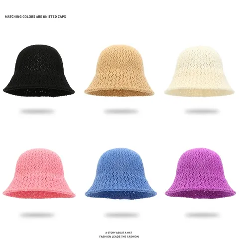 Women Hollow Out Knit Bucket Hat Breathable Cotton Polyester Mesh Sunshade Wide Brim Japanese Casual Packable Summer