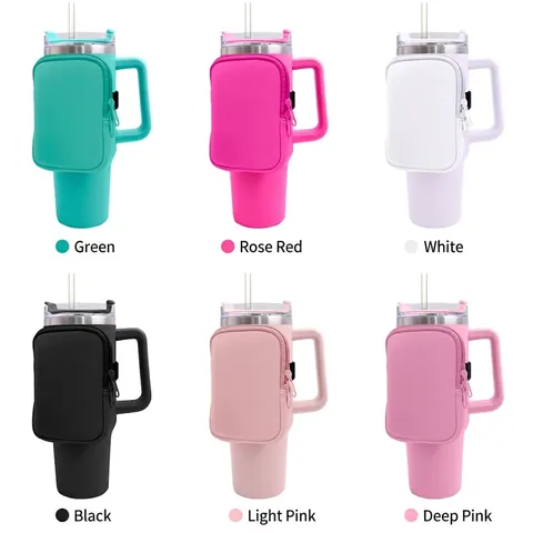 Neoprene Water Bottle Pouch Zippered Tumbler Pocket For Handle Cups Portable Storage Accessory For Keys And Cards
