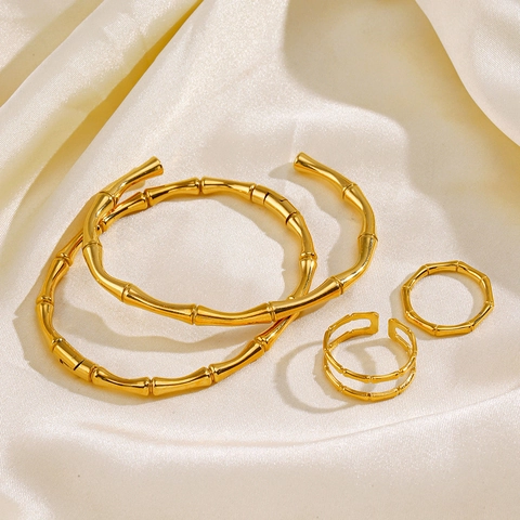 Bambus Gelenk Schmuck 18K Vergoldeter Edelstahl Armreif Und Ring Mode Elegant Trendig Für Frauen