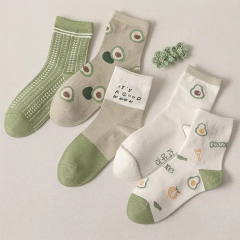 Women Crew Socks Cotton Blend Breathable Cute Cartoon Avocado Strawberry Fruit Print Mid Calf Fashion Japanese Style