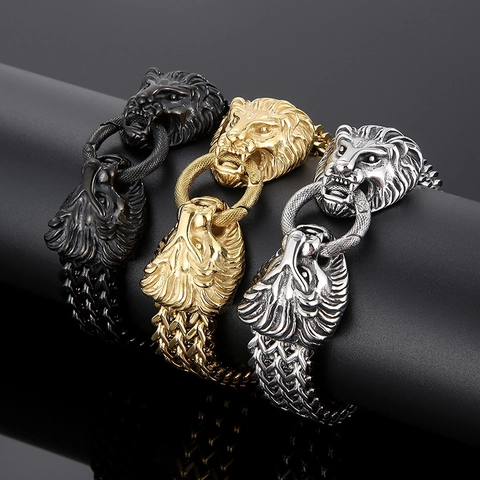 Lion Head Skull Stainless Steel Bracelet Men Gothic Punk Biker Woven Metal Chain Masculine Jewelry