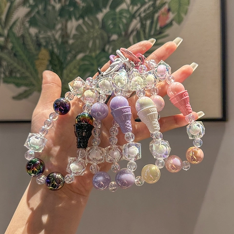 Handmade Acrylic Alloy Beaded Keychain Phone Strap Colorful Heart Flower Ice Cream Pendant Cute Bag Charm For Women