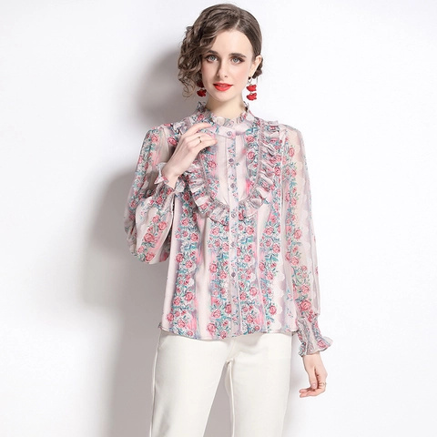 Blusa De Gasa Con Estampado Floral Elegante Cuello Alzado Con Volantes Manga Larga Camisa Retro Top De Mujer