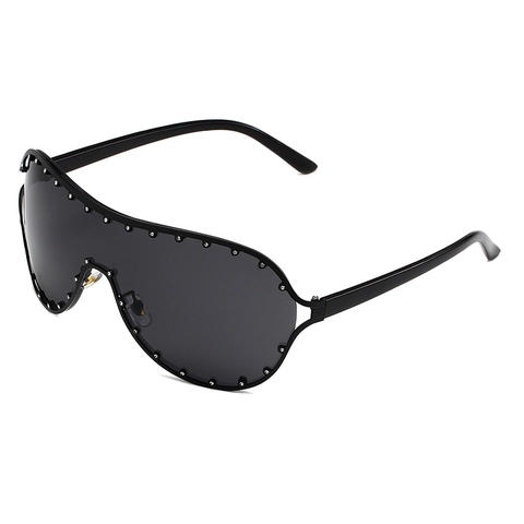 Oversized Shield Zonnebril uit één stuk Dames Heren Metalen Frame Strass Klinknagel Gradiënt Lens Y2K Futuristische Mode Bril UV400