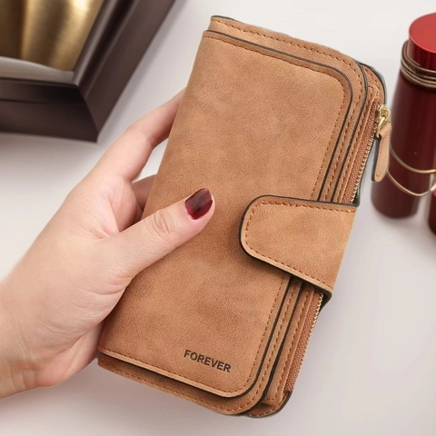 Portafoglio Lungo Donna Pochette Pelle PU Opaca Trama Scamosciata Chiusura Lampo Bottone Slot Carte Colore Solido Elegante