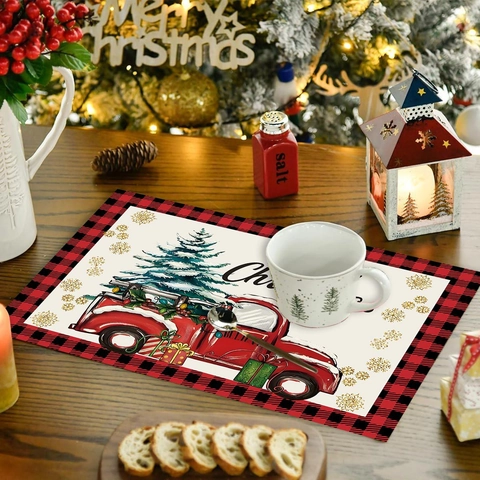 Christmas Placemats Polyester Red Truck Tree Buffalo Plaid Heat Resistant Holiday Dining Table Decor