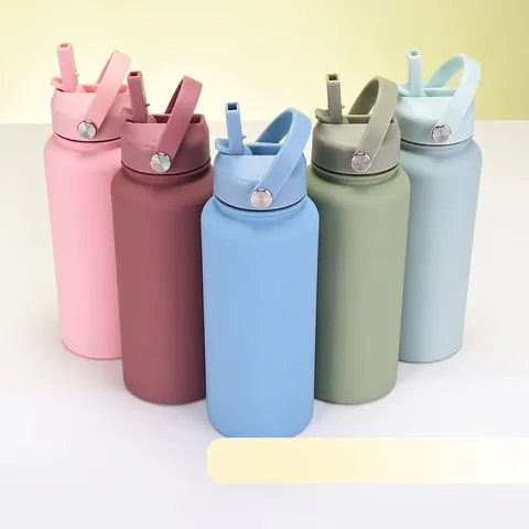 Insulated Water Bottle 304 Stainless Steel Vacuum Flask With Straw Lid Handle For Outdoor Sports Gym Travel Matte Wide Mouth