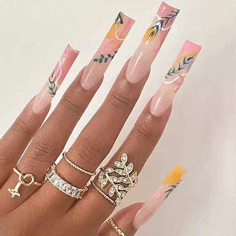 Long Coffin Press On Nails Artificial Fake Fingernails Abstract Leaf Flower Print French Style For Women