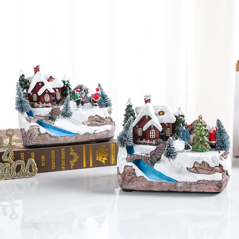 Musical Rotating Christmas Snow Village Resin Ornament LED Light Up Miniature House Winter Scene Desktop Decoration Gift
