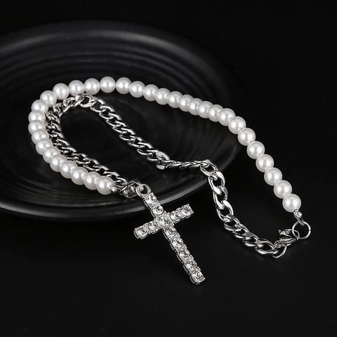 Collana Con Ciondolo A Croce Catena Barbazzale In Acciaio Inossidabile E Perla Artificial Sintetica Con Strass Gioielli Hip Hop Punk Asimmetrici