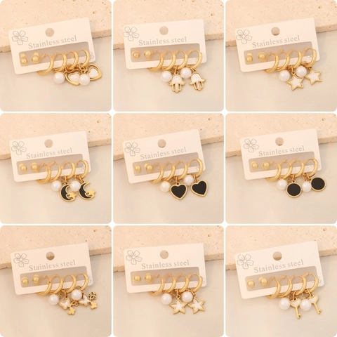 Stainless Steel Hoop Stud Earrings Gold Plated Faux Artificial Pearl Heart Star Butterfly Charm Fashion Jewelry For Women