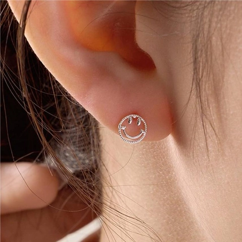 Hollow Smile Face Stud Earrings With 925 Sterling Silver Earring Post Minimalist Circular Beaded Edge Jewelry For Women