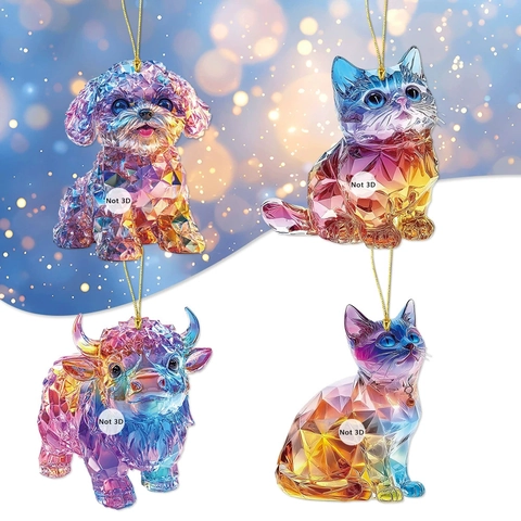 Cartoon Animal Hanging Ornament Acrylic 2D Flat Iridescent Crystal Effect Car Interior Decor Christmas Tree Pendant Gift