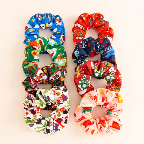 Christmas Hair Scrunchies Printed Polyester Spandex Santa Snowman Reindeer Pattern Holiday Party Hair Ties Accessories