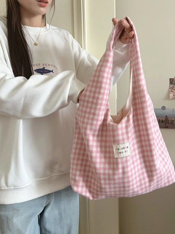 Sac Cabas À Carreaux Gingham Grande Capacité Décontracté En Tweed De Laine Sac À Main Épaule Pour Femmes Style Coréen