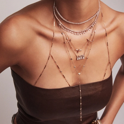 Y-Shaped Pendant Necklace 18K Gold Plated Stainless Steel Zircon Inlaid Tassel Dainty Jewelry For Women Waterproof