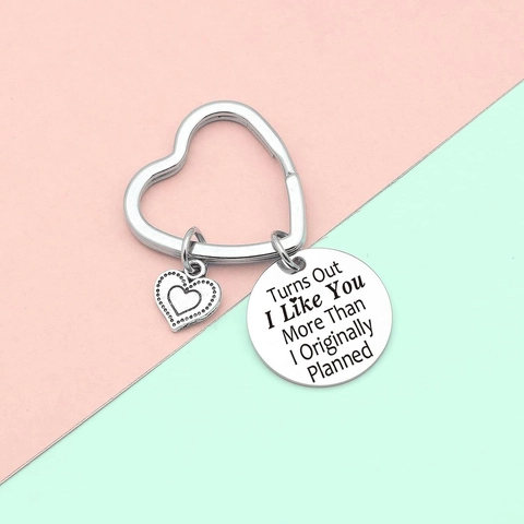 Stainless Steel Heart Shaped Keychain With Engraved Round Pendant Romantic Valentine Anniversary Gift For Couples