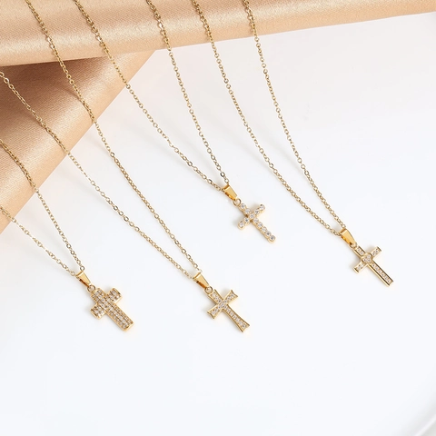 Collier Pendentif Croix Acier Inoxydable Incrusté Zircon Plaqué Or Bijoux De Mode Religieuse Femmes Hommes