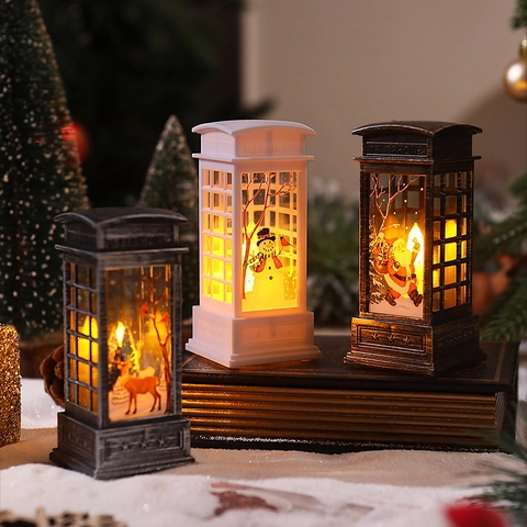 Christmas Telephone Booth LED Lantern Light Retro Decorative Lamp Santa Snowman Reindeer Pattern Desktop Atmosphere Nightlight