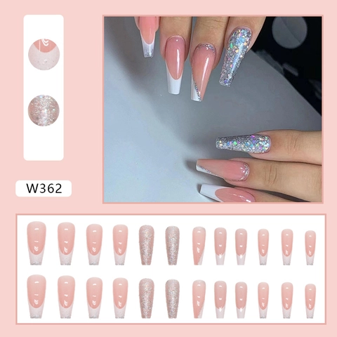 Long Coffin Artificial Nails French Tip White Silver Glitter Nude Pink Ballerina Shape Glossy Press On Nails