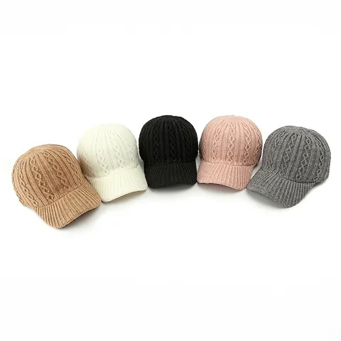 Knitted Baseball Cap Cable Knit Wool Yarn Warm Winter Visor Duck Tongue Hat For Women Vintage Adjustable Solid Color
