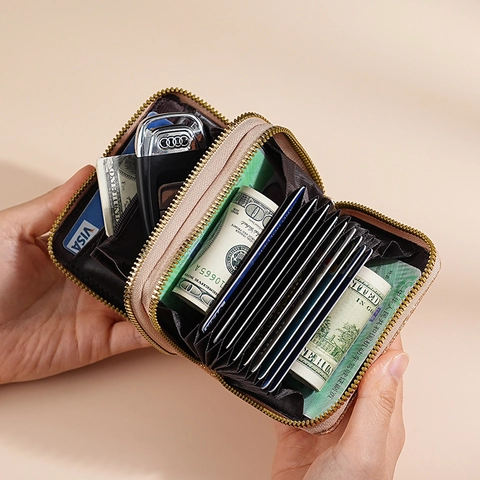 Women Double Zipper Card Holder Glitter PU Leather Wallet Multi Slots Accordion Style Coin Purse Fashion Travel Organizer