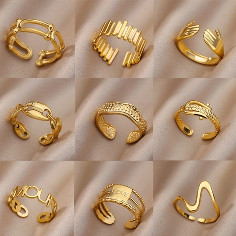 Verstellbare Edelstahlringe 18 Karat Vergoldet Geometrisch Minimalistisch Welle Umarmung Offener Ring Modeschmuck