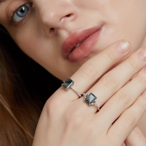 Vintage Moss Agate Ring S925 Sterling Silver Plated Rectangular Green Stone Pave Rhinestone Fashion Jewelry For Women Gift