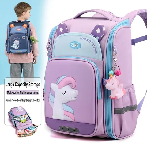 Kids School Backpack Nylon Waterproof Large Capacity Cartoon Unicorn Dinosaur Reflective Elementary Student Bag