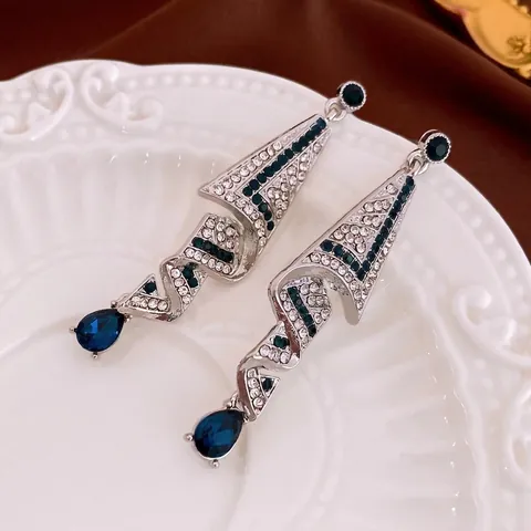 Pendientes Colgantes Geométricos Espiral Gota De Agua Aleación Estrás Piedra Azul Con Poste De Plata Para Mujer Retro