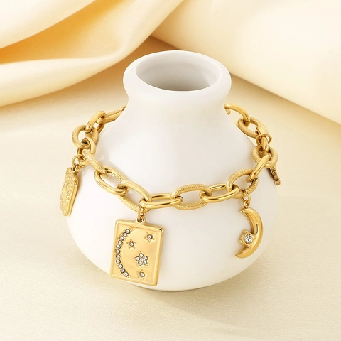 Himmlisches Bettelarmband Edelstahl 18K Vergoldet Gliederkette Stern Mond Sonne Tarot Schmuck Für Damen