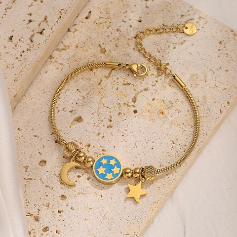 Bracelet Pendentif Étoile Lune Céleste Acier Inoxydable Émail Bleu Galaxie Chaîne Serpent Bijoux Minimalistes Femmes