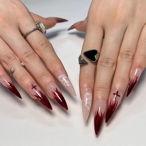 Stiletto Künstliche Nägel Lang Rote Flamme Chinesischer Drache Kreuz Gothic Hochglanz Kunstnägel