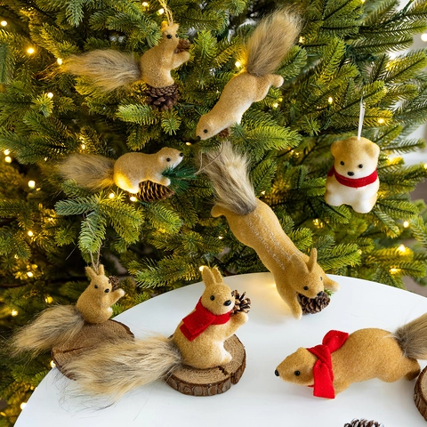 Artificial Christmas Squirrel Bear Ornaments Flocking Foam Plastic With Natural Pinecones Winter Holiday Desktop Tree Hanging Decor
