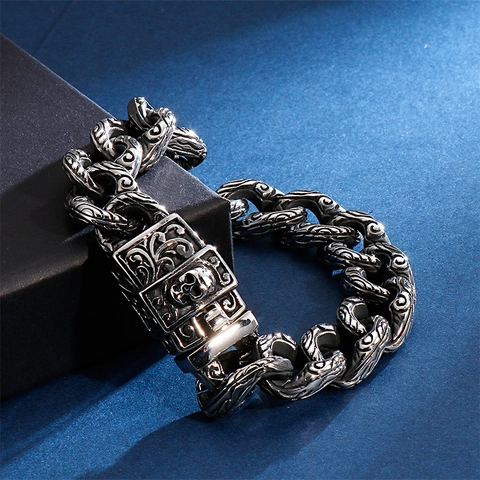 Men Vintage 316L Stainless Steel Bracelet Skull Head Carved Pattern Retro Gothic Punk Jewelry