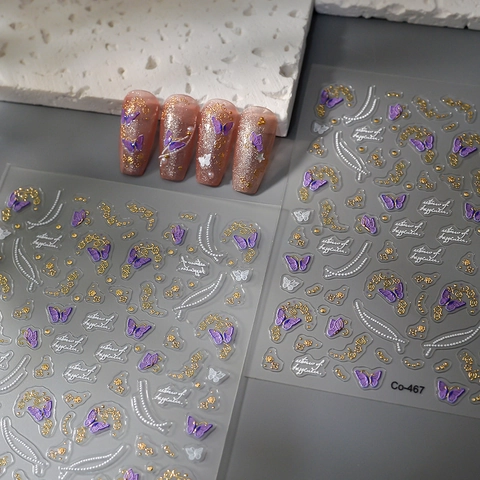 5D Embossed Butterfly Nail Stickers Gold Floral Relief Artificial Pearl Chain Waterproof DIY Decoration Manicure