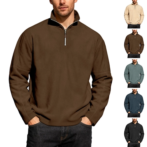 Men Fleece Quarter Zip Pullover Stand Collar Long Sleeve Warm Casual Sweatshirt Urban Fashion Winter Solid Color