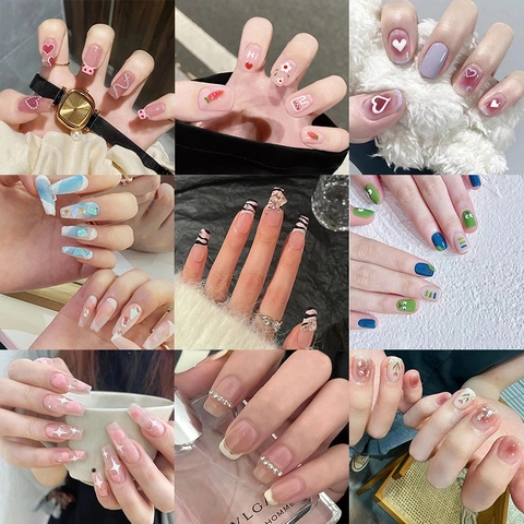 Press On Nails Artificial False Nail Tips French Gradient Heart Star Pattern Rhinestone Artificial Pearl Metal Decor For Women Daily Beauty Manicure