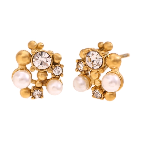 Vintage Flower Cluster Necklace And Stud Earrings Stainless Steel 18K Gold Plated Faux Artificial Pearl Rhinestone Elegant Jewelry