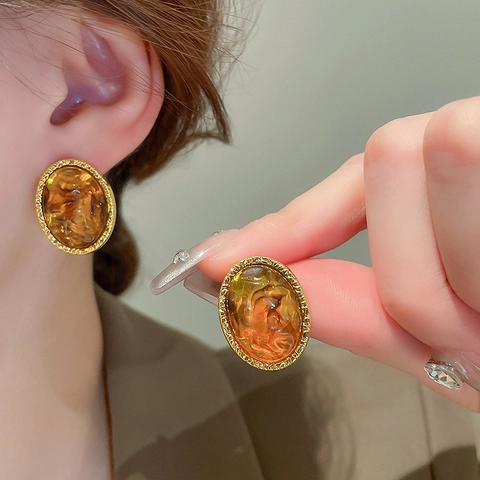 Orecchini A Lobo Geometrici Vintage In Resina Con Perno In Argento Sterling 925 Marrone Ambra Stile Retrò Per Donna