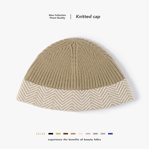 Winter Beanie Hat Faux Rabbit Fur Warm Thickened Rib Knitted Patchwork Herringbone Pattern Fisherman Skullcap For Women