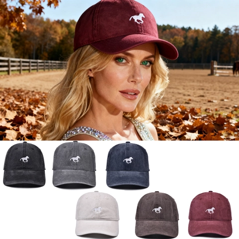 Vintage Washed Cotton Baseball Cap With Horse Embroidery Adjustable Sun Protection Sport Hat For Men Women