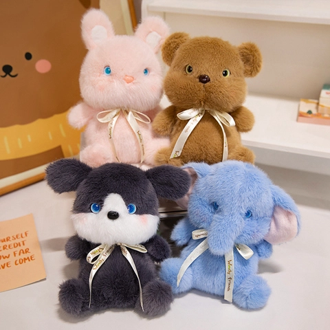 Simpatici Peluche Animali Husky Coniglio Elefante Orso Bambole Morbide Con Fiocco Decorazione Da Scrivania Per Bambini