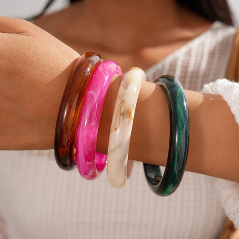 Pulsera De Brazalete Geométrica De Resina Acrílica Jaspeada Estilo Minimalista Moda Vacaciones Joyería De Mano Nicho Mujeres Rosa